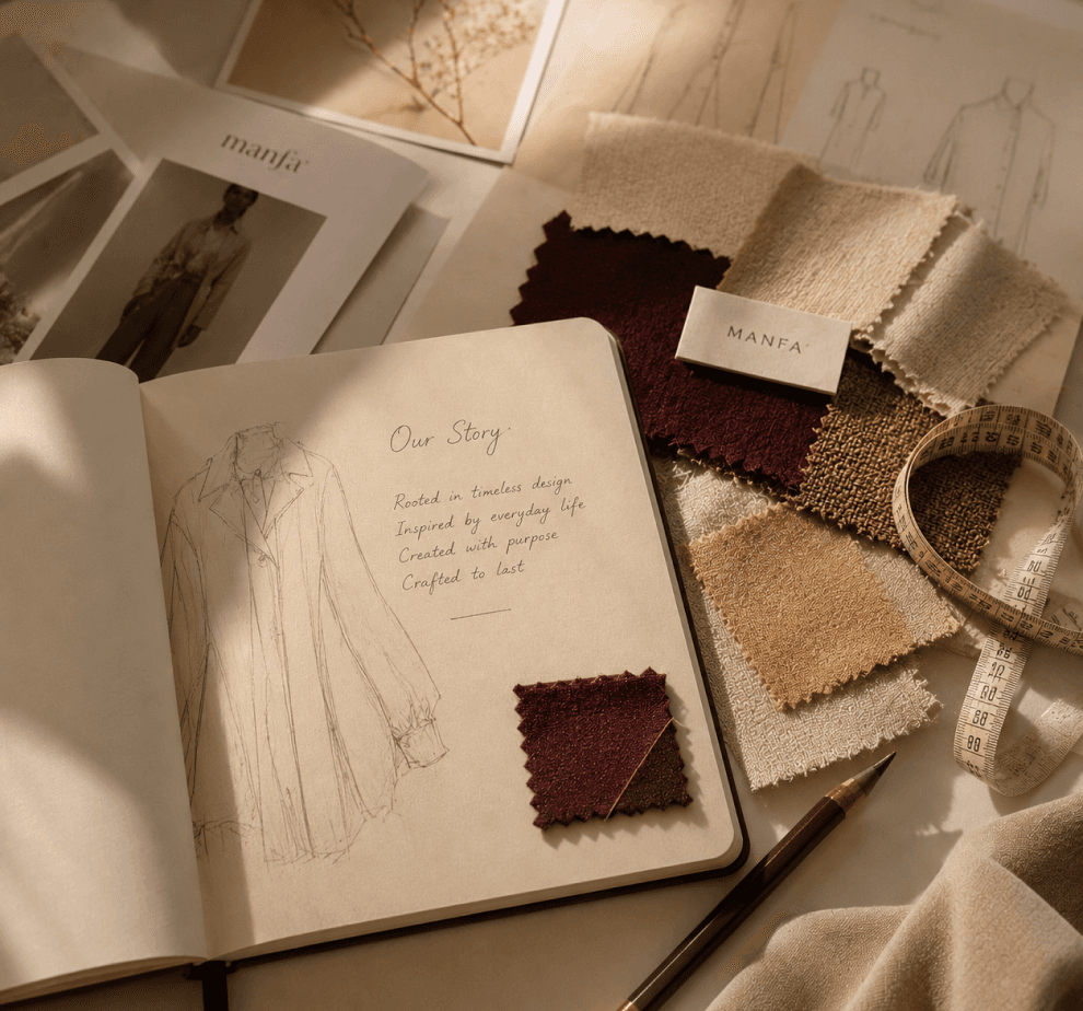 MANFA design process with fabric swatches and sketches